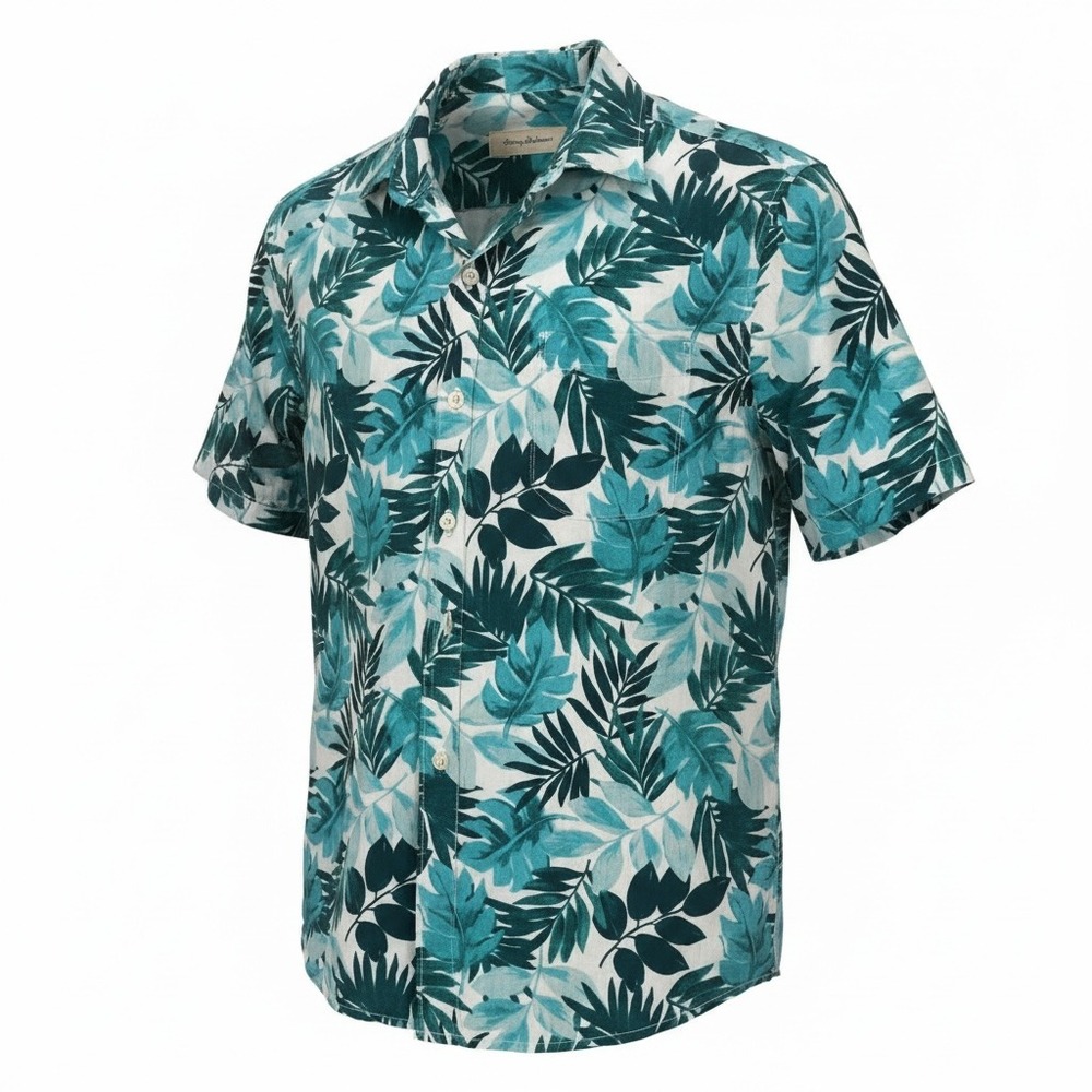 Tommy Bahama Hawaiian Button Down Short Sleeve Shirt Men's Large Teal Resortwear